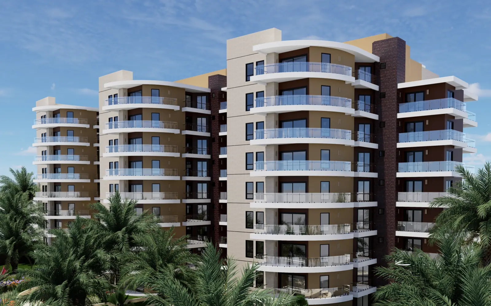 Render de las torres de Blue Coast Residence entre palmeras