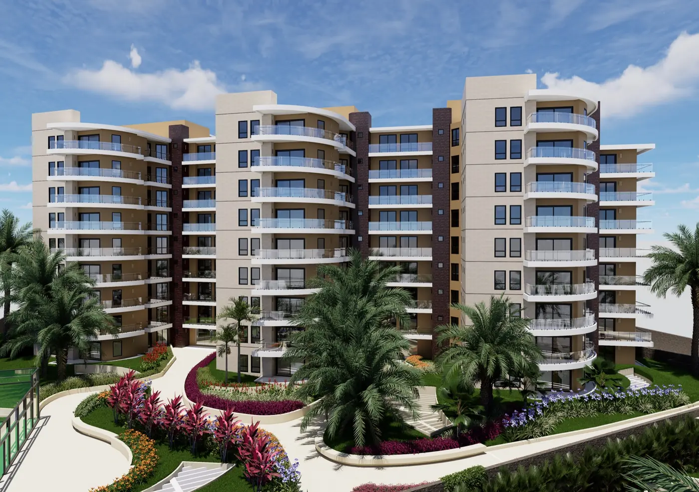 Render de las torres de Blue Coast sobre los canteros del jardín